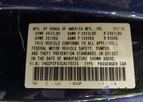 2012 Honda Accord 2.4 Ex-L z USA, uszkodzony, nr VIN 1HGCP2F83CA079035